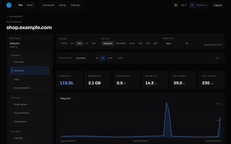 Analytics showing requests, errors, error rate and data transferred over time.