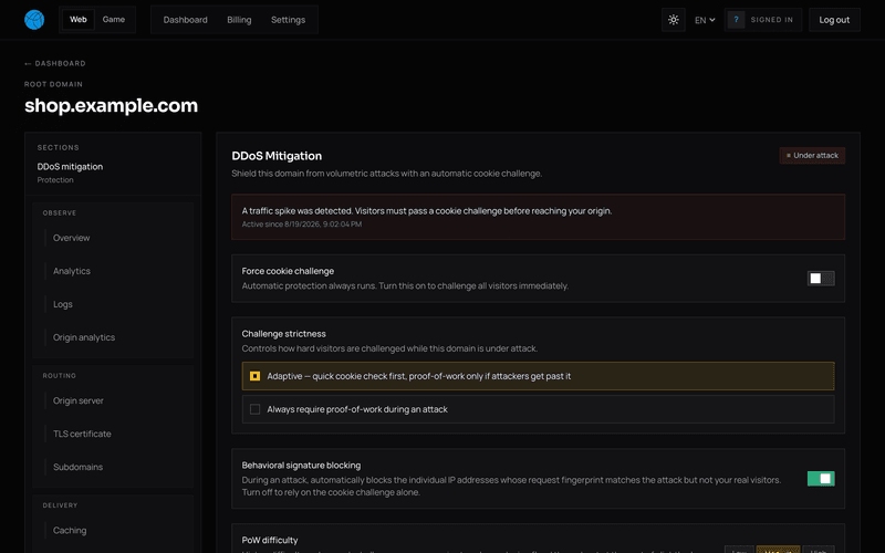 Protection runs on its own; strictness, behavioral blocking and alerts are yours to set.