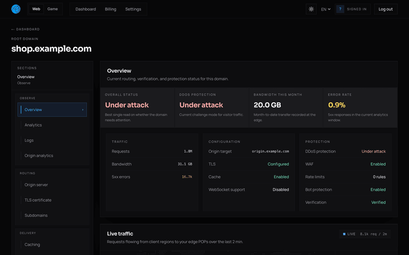 Domain settings showing routing, verification, bandwidth and protection status.