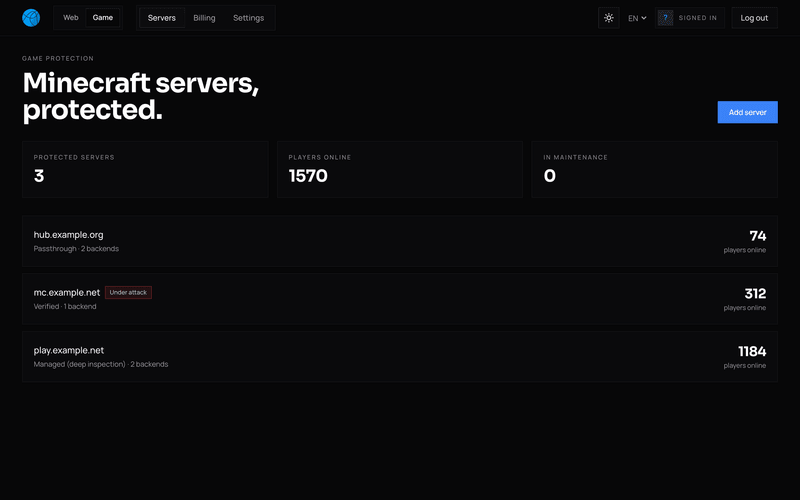 Každý chráněný server, jeho režim a počet hráčů, kteří jsou právě online.